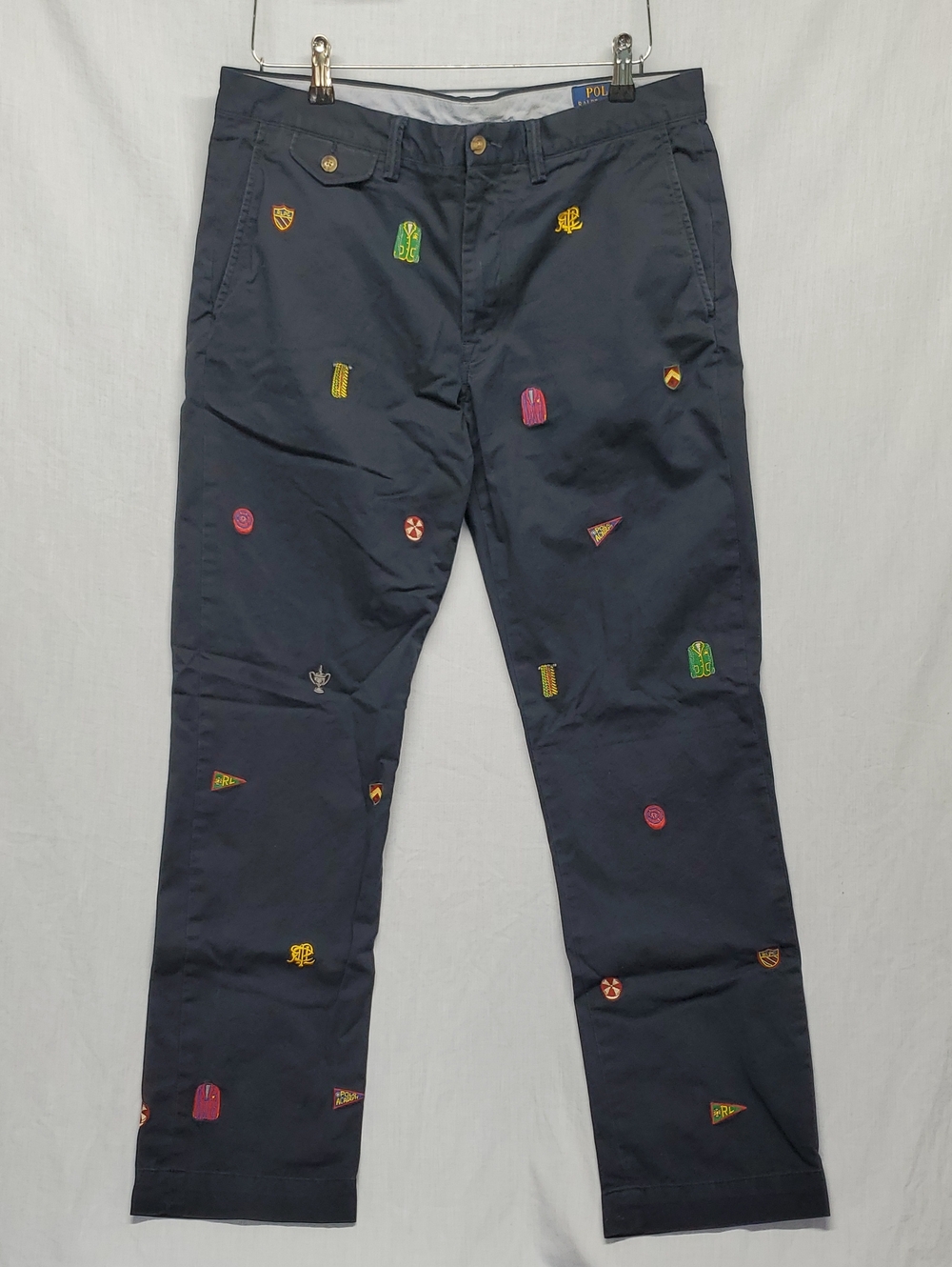 Polo by Ralph Lauren Navy Cotton Chinos with Multicolor Embroidered Motifs #343